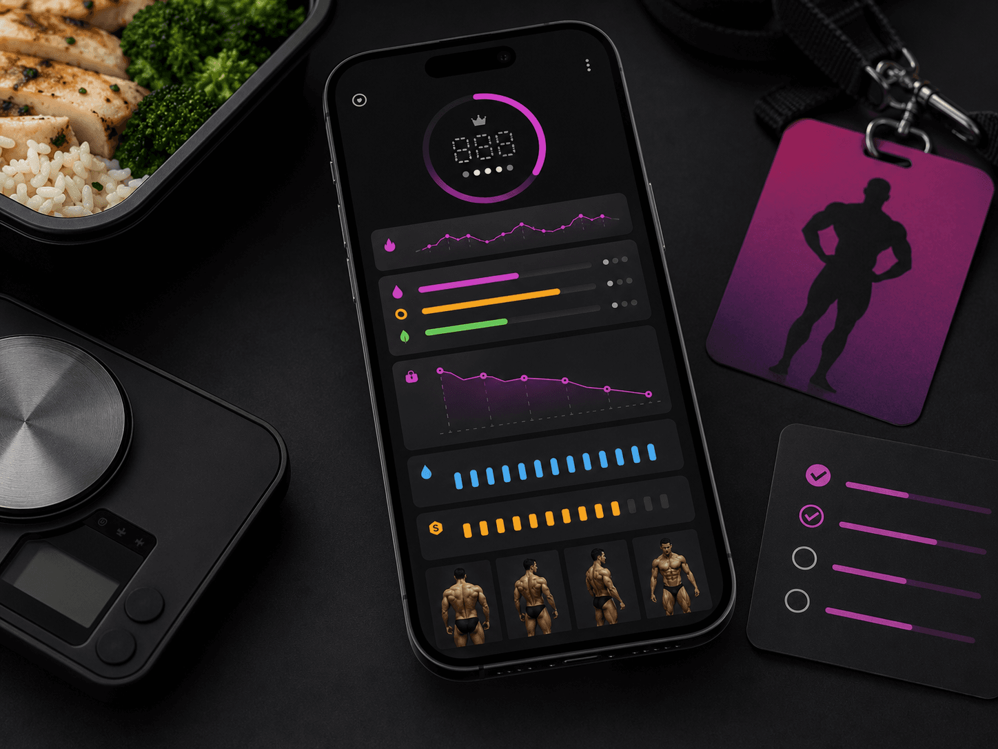 StagePrep contest prep dashboard on a phone with meal prep and check-in tools